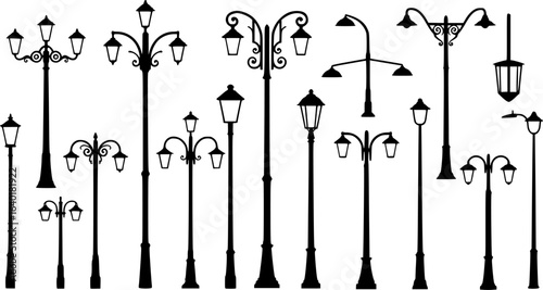 Streetlights silhouettes. Outdoor lighting lamp posts, street light poles and park illumination. Vintage lanterns and modern streetlights shapes vector set