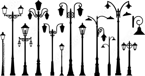 Streetlights silhouettes. Outdoor lighting lamp posts, street light poles and park illumination. Vintage lanterns and modern streetlights shapes vector set