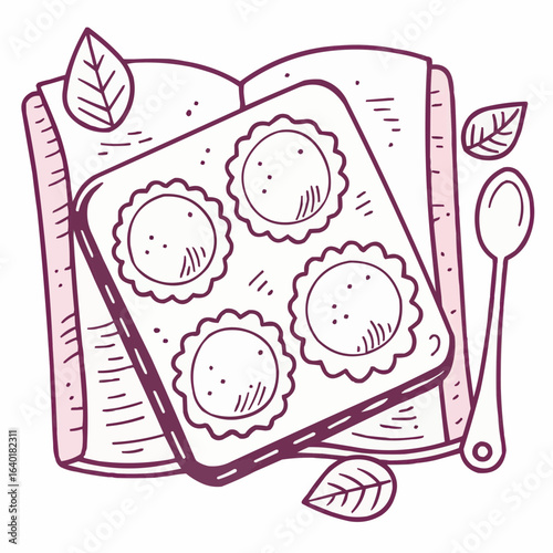 Hand-drawn sketch of spinach and ricotta stuffed ravioli on cookbook  