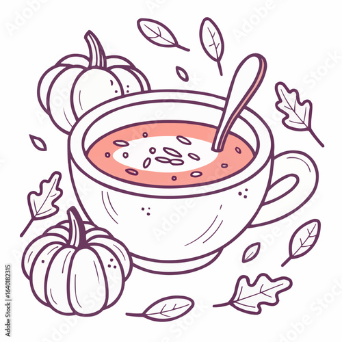 Creamy pumpkin soup in a cup with pumpkins and autumn leaves  