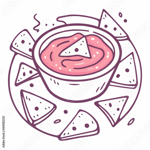 Beetroot hummus served with tortilla chips on white background  