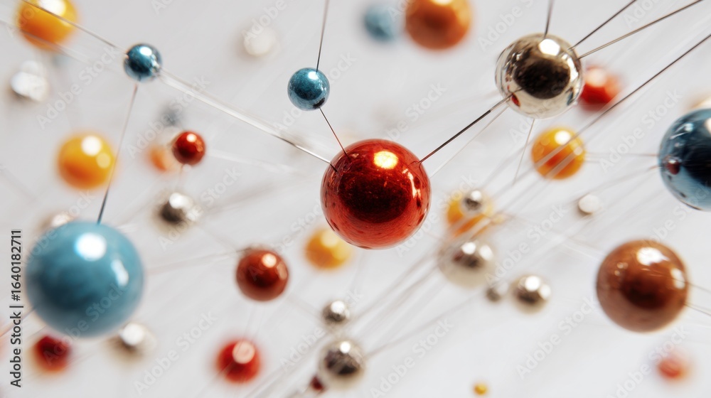 Obraz premium Vibrant spheres representing atoms connected by fine strands depict a molecular structure. This artistic portrayal highlights the intricate relationships between elements in a scientific setting.