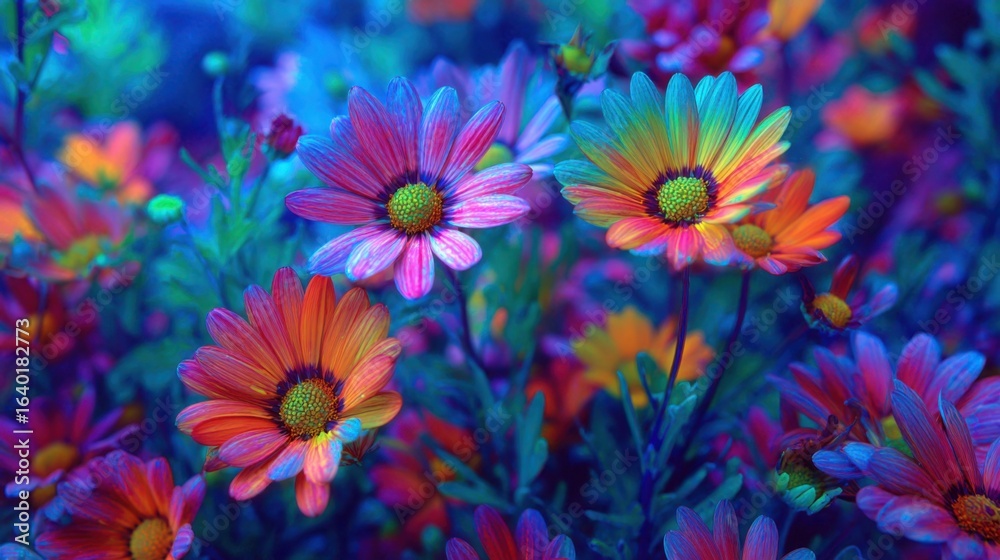 Fototapeta premium A garden filled with flowers showcases a spectrum of colors, featuring bright petals in shades of orange, pink, and yellow. Sunlight enhances their vividness, creating a lively atmosphere.