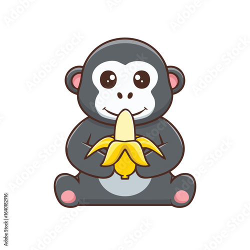 A cute cartoon monkey happily eating a banana, a delightful illustration of an adorable primate enjoying its fruity snack