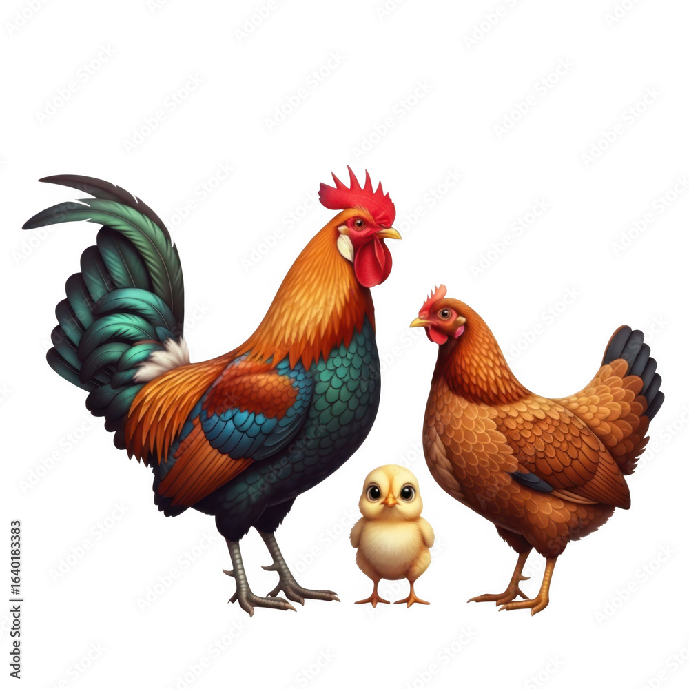 Fototapeta premium A majestic rooster hen and chick family isolated on transparent background