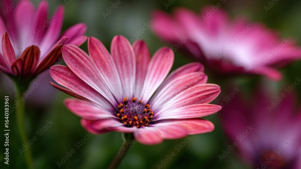 Obraz premium Vibrant pink flowers are prominently featured in a lush garden. The petals display a gradient of shades, attracting attention and enhancing the natural beauty of the surroundings.
