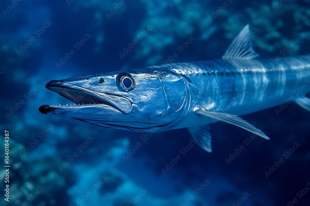 Fototapeta premium Exploring the depths: a close up shot of a barracuda in its natural habitat deep beneath the ocean surface