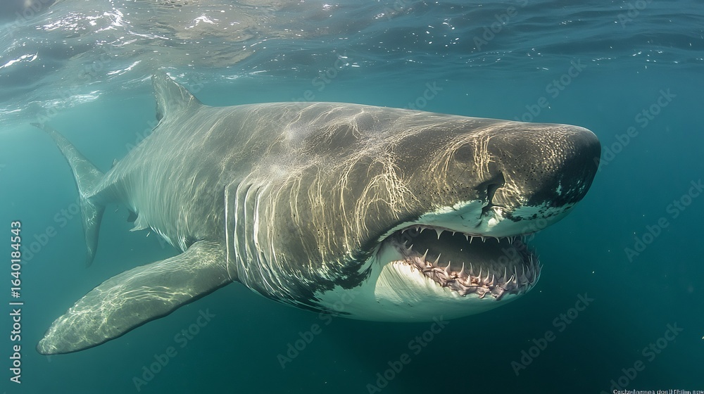 Obraz premium Great white shark underwater ocean predator wildlife marine animal teeth jaws dangerous powerful sea life nature