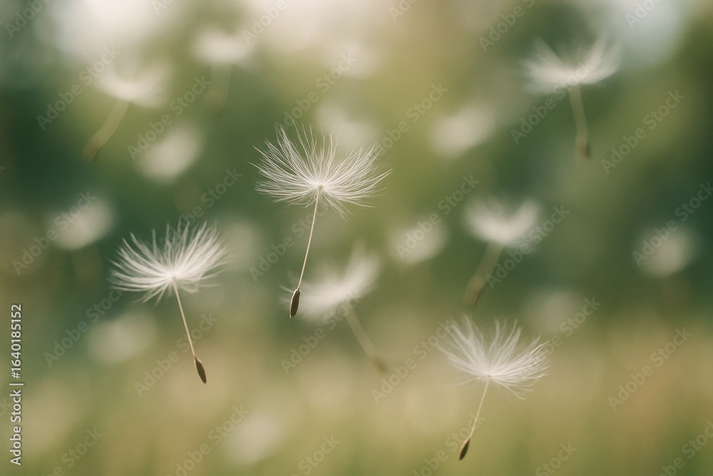 Naklejka premium Dandelion Seeds Floating in Air, Photo