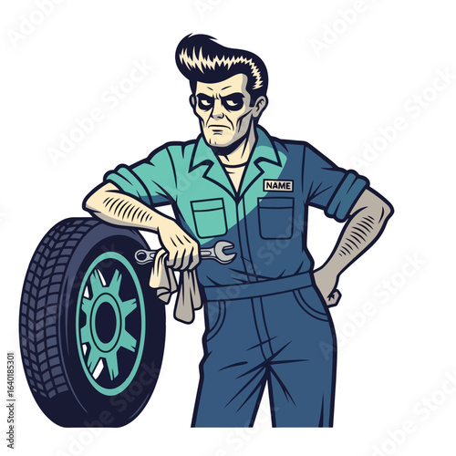 Mechanic with Wrench and Tire in Vintage Style Illustration  
