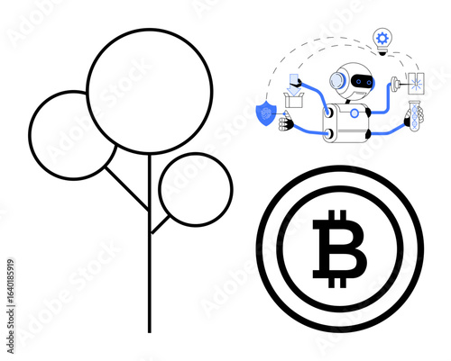 Robot conducts multitasking activities, stylized tree emphasizes nature, Bitcoin icon represents cryptocurrency. Ideal for technology, environment, economy, digital future, fintech, automation