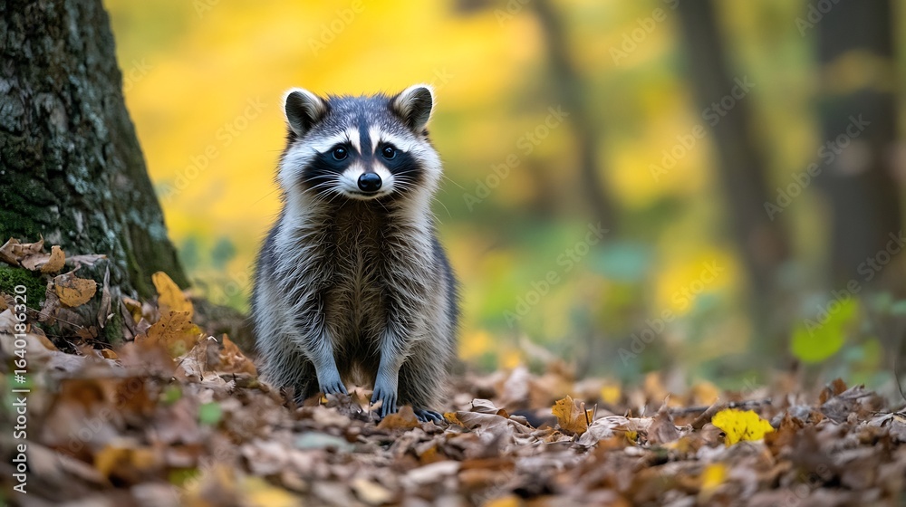 Obraz premium Raccoon in autumn forest cute animal wildlife nature photography outdoor fall season adorable curious mammal wild