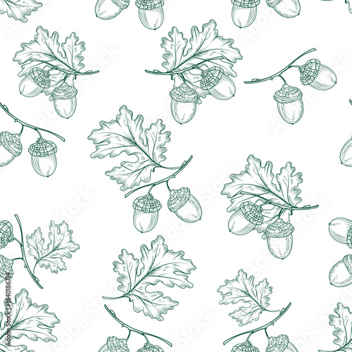 Elegant Oak Leaf and Acorn Seamless Pattern Design. Vector textile print, aut...