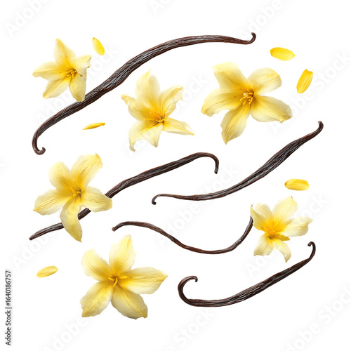 Vanilla Bean Pods and Blossoms Aromatic Spice Flower Composition