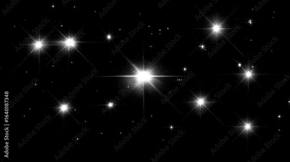 Fototapeta premium Bright stars illuminate the dark night sky, creating a stunning view for stargazers in a quiet rural setting on a clear evening. The twinkling lights evoke a sense of wonder and tranquility.