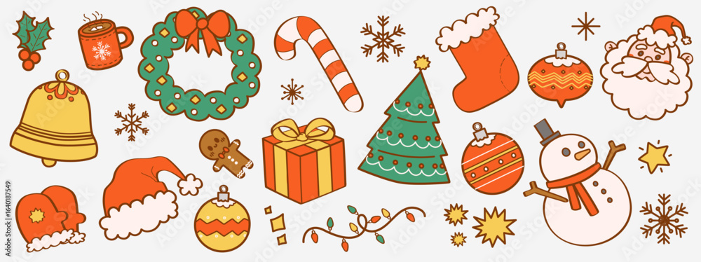 Set de ilustraciones decorativas dibujadas a mano de elementos de navidad. Vector