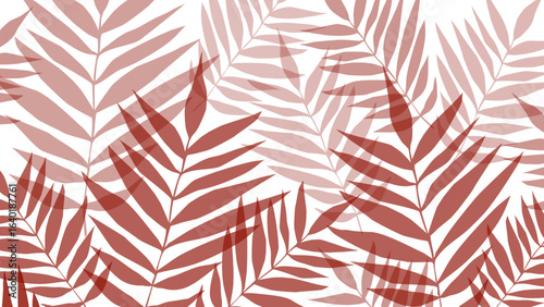 Red and white seamless patterns background with leaves.  Botanic tropical wallpaper with palm leaves. 