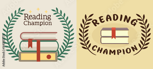Reading Champion Badge Designs with Stacked Books, Laurel Wreath, and Classic Typography for School Awards, Literacy Promotion, and Academic Competitions