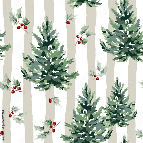 Christmas seamless pattern, green fir trees, holly twigs with red berries, striped beige and white background. Vector illustration. Nature design. Season greeting. Winter holidays