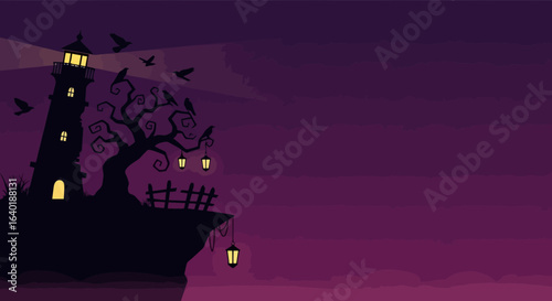 Halloween vector illustration of a haunted lighthouse at night  