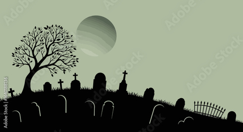 Halloween graveyard vector illustration with tree and moon  