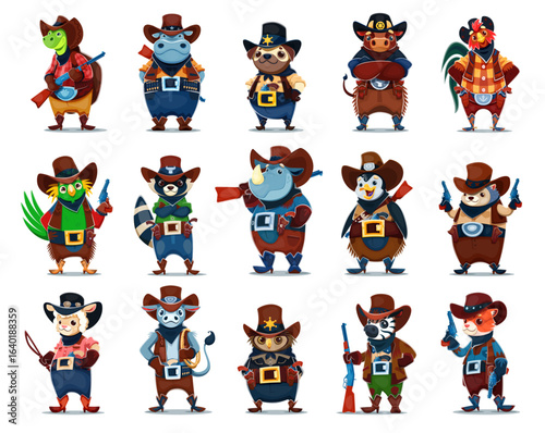 Cartoon animal cowboy, sheriff, bandit and robber characters. Vector turtle, hippopotamus, pug dog and bull, rooster, parrot and raccoon. Rhinoceros, penguin or hedgehog, sheep, owl, zebra or cat