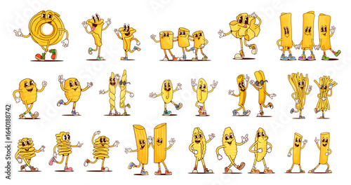 Italian pasta groovy characters. Cartoon vector anelli, cannelloni, campanelle and ditalini, farfalle, lasagna or fusilli. Conchiglie, shells, lunghi or cavatappi, pappardelle, fettucine and radiatori
