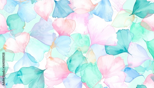 Overlapping translucent pastel pink, blue, and green petal or leaf shapes on a white background.