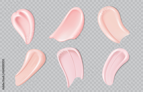 Realistic pink foundation cream swatch, makeup cosmetic, skincare cosmetics drops. 3d vector set of serum or lotion smears and textures. Smooth, glossy strokes for beauty product presentations