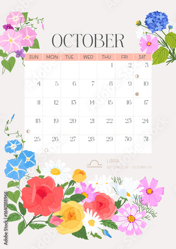 Vertical page calendar for October 2026 with cute autumn rose, cosmos and morning glory flowers and leaves. Week starts on Sunday. Vector zodiac illustration flat cartoon style