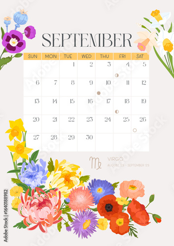 Vertical page calendar for September 2026 with cute autumn Chrysanthemum and poppy, aster flowers and leaves. Week starts on Sunday. Vector zodiac illustration flat cartoon style
