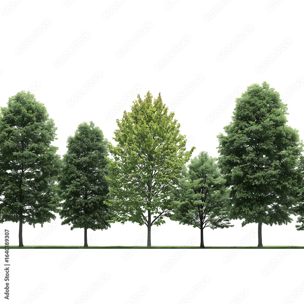 Fototapeta premium High-Resolution 3D Render of Five Lush Green Trees on a Black Background, Ideal for Landscaping and Nature Designs