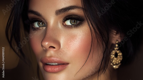 Close-up portrait of elegant woman with dark hair, detailed eye makeup, warm golden lighting, high fashion