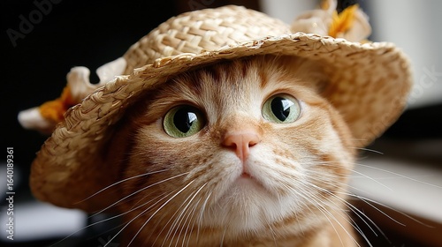 Close-up portrait of orange cat with straw hat, green eyes, soft natural light, blurred background