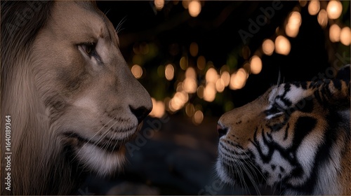 Lion and tiger face off in hyper-realistic cinematic close-up, ultra-detailed 3D rendering