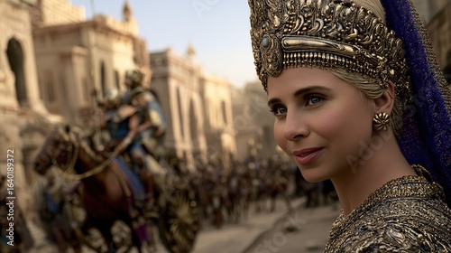 Cleopatra in Egyptian royal dress with golden crown, palace court scene, French classical style, IMAX detail