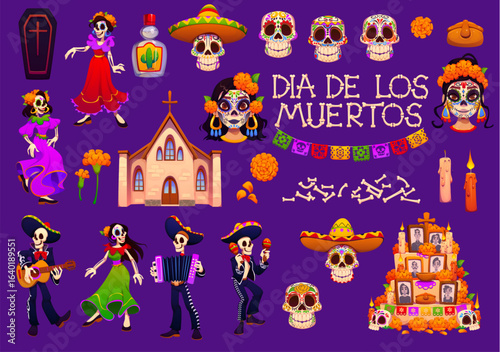 Day of the dead characters dia de los Muertos mariachi, Catrin, sugar skulls, ofrenda and papel picado garland. Cartoon vector set for celebration Mexican folklore and culture with skeletons, coffin