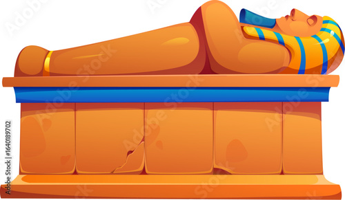 Egyptian sarcophagus Ancient Egypt game icon, featuring a golden pharaoh resting on hieroglyphic decorated tomb. Treasure asset, historical artifact represents culture, mythology and burial tradition