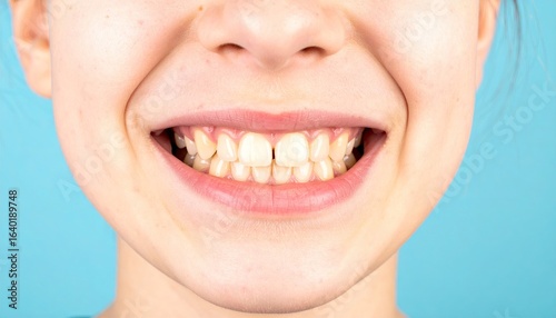 Close-up of a person smiling, revealing slightly crooked teeth, against a light blue background.