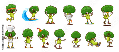 Groovy broccoli cabbage characters engaged in playful activities like surfing and dancing, reading newspaper, lounging on daybed and celebrating party. Cartoon vector vegetables promote healthy living