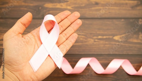 Wallpaper Mural A hand holds a pink ribbon against a wooden background, with another ribbon laid flat beneath. Torontodigital.ca