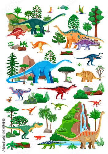 Prehistoric era landscape, dinosaurs characters and plants. Dimorphodon, quetzalcoatlus, amygdalodon and ouranosaurus, apatosaurus, probactrosaurus dinosaurs. Jurassic era pine, palm and fern trees