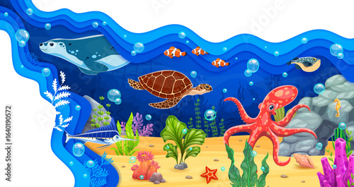 Paper cut underwater landscape with funny sea animals and seaweeds, vector ocean bottom. Coral reef fishes, turtle and octopus with starfish in cartoon paper cut water waves of underwater landscape