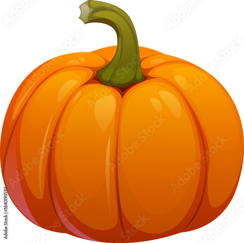 Cartoon raw ripe pumpkin vegetable, vector orange round gourd plant with glossy surface and a green curved stem. fall and autumn crop, Halloween decor, Thanksgiving harvest festival, healthy food