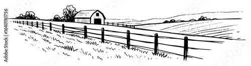 rural farm landscape with fence line field sketch vector illustration