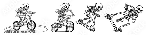 skeleton riding bmx and scooter extreme sport vector set