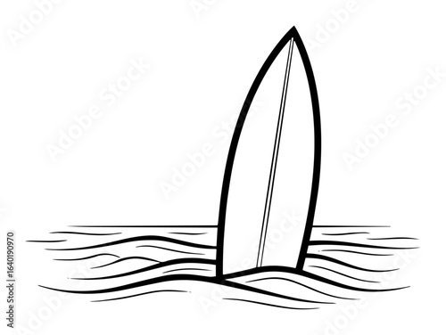 surfboard standing in sea waves minimal line vector illustration