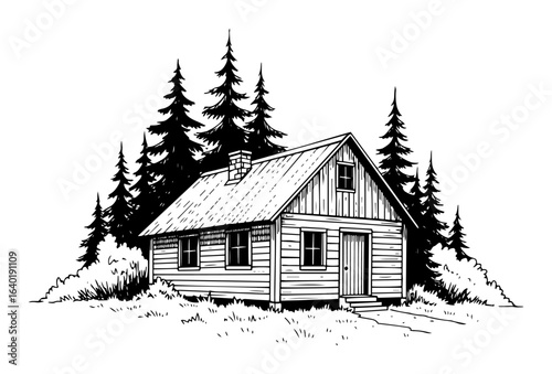forest cabin house among pine trees vintage vector illustration