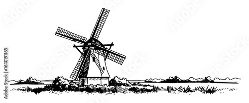 traditional windmill in rural landscape sketch vector