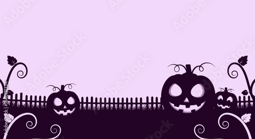 Halloween vector illustration with pumpkins and fence against purple background  